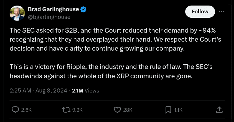 Ripple CEO Brad Garlinghouse celebrated victory in Ripple SEC case