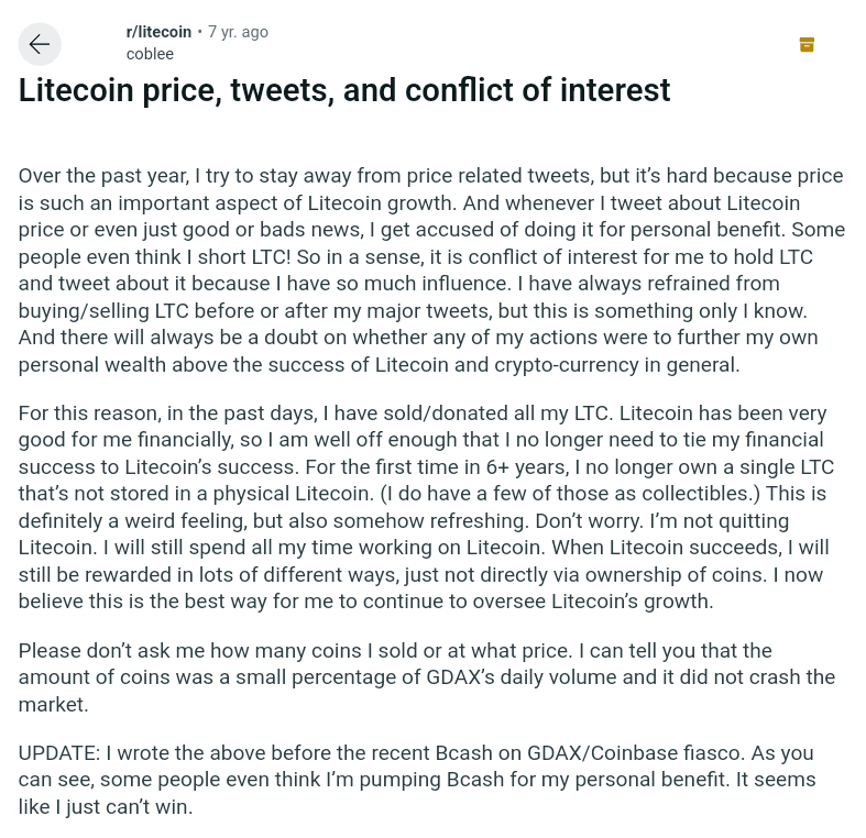 Litecoin's Lee sold off his LTC holding.