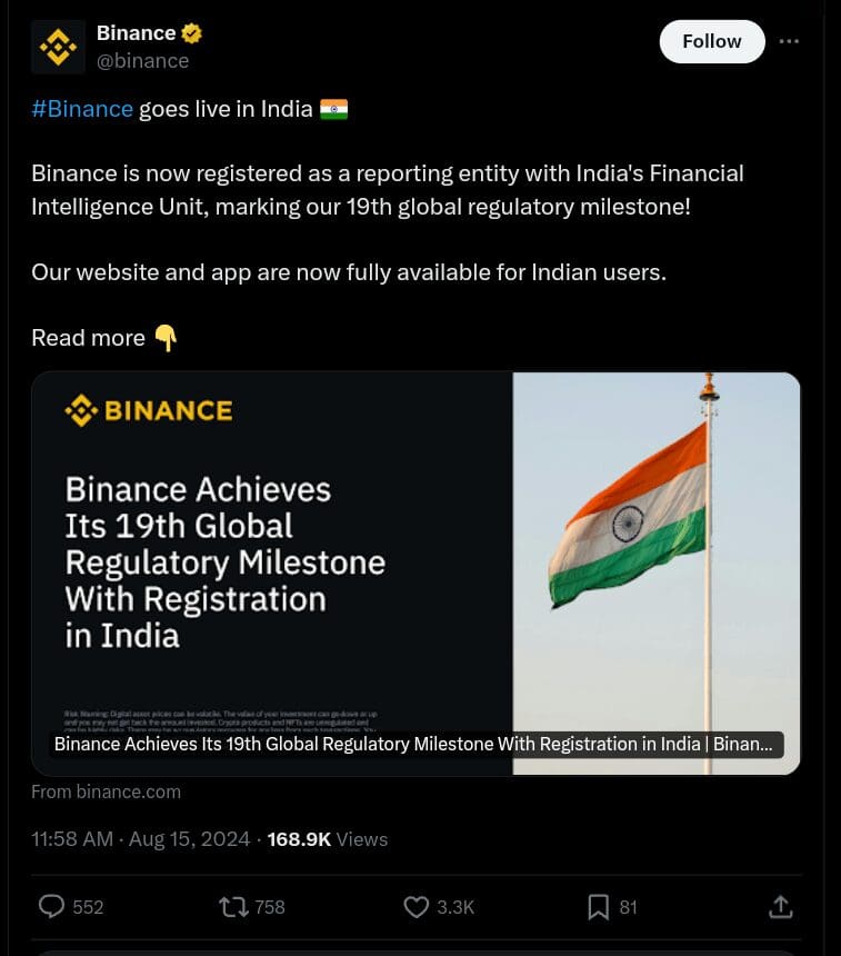 Crypto News: Binance Returns to India After 7-Month Ban
