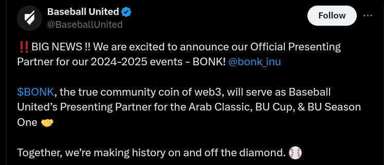 Shiba Inu (SHIB) Rival Bonk Crypto Becomes Official Partner of Baseball United
