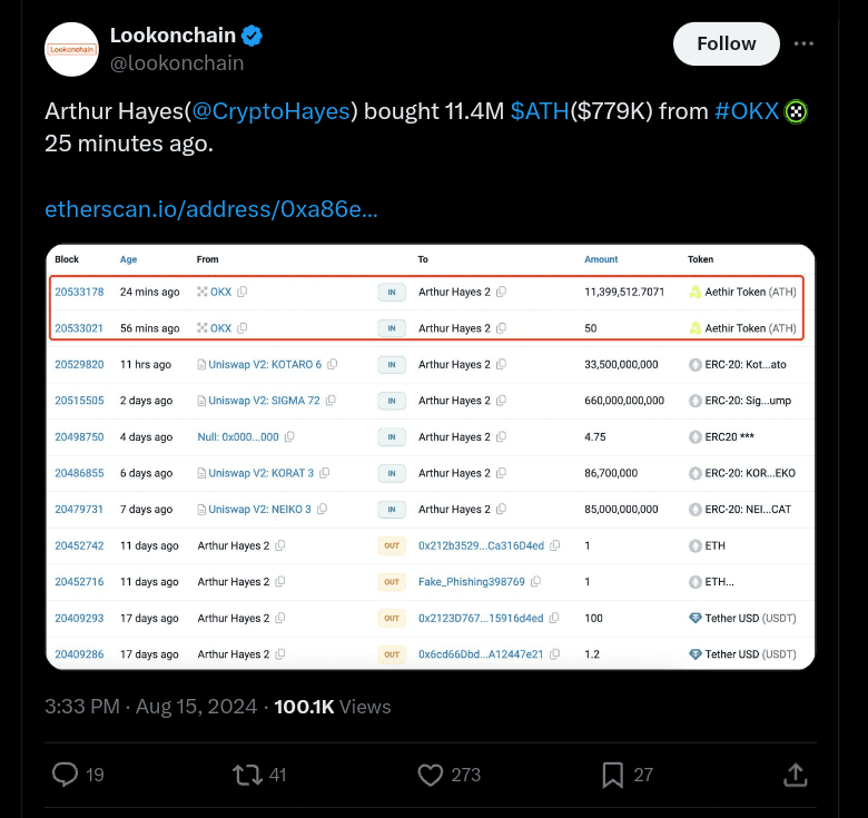 Crypto news: Arthur Hayes Acquires Over 40M ATH Tokens