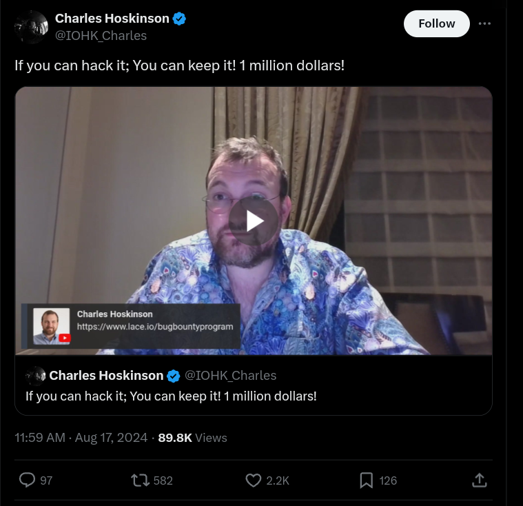 Cardano Founder Charles Hoskinson Announces $1 Million Bug Bounty Challenge