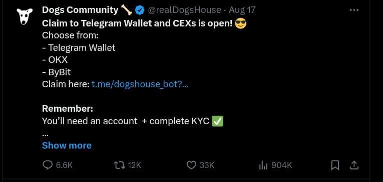 DOGS Token to Launch on 15 Exchanges Including OKX, Kucoin and More