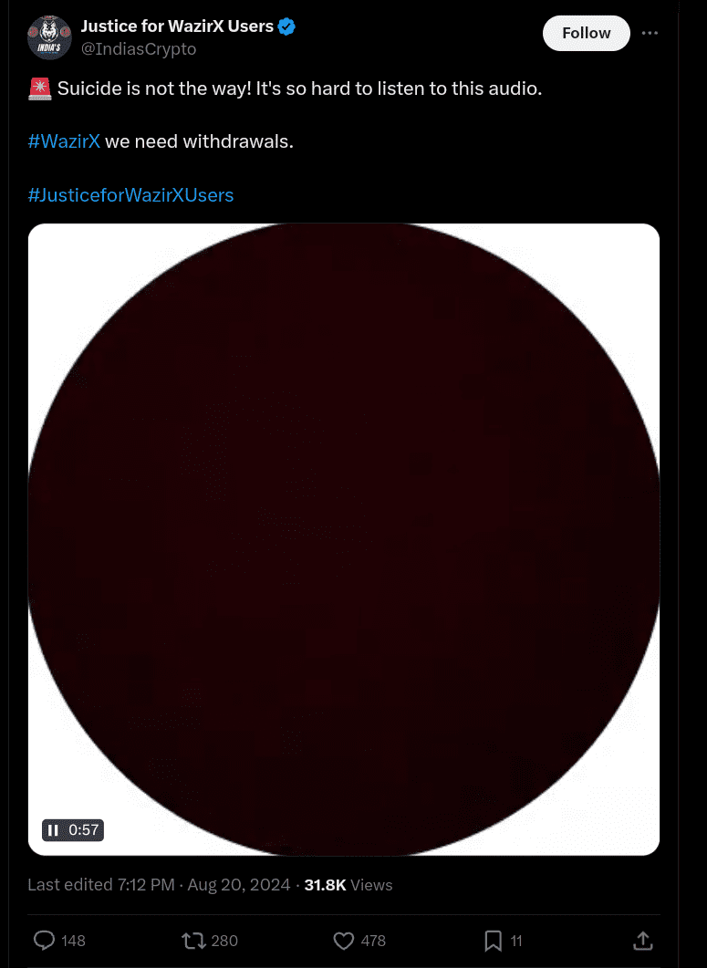 WazirX Investors Threaten Suicide If Funds Are Not Released Within 10 Days
