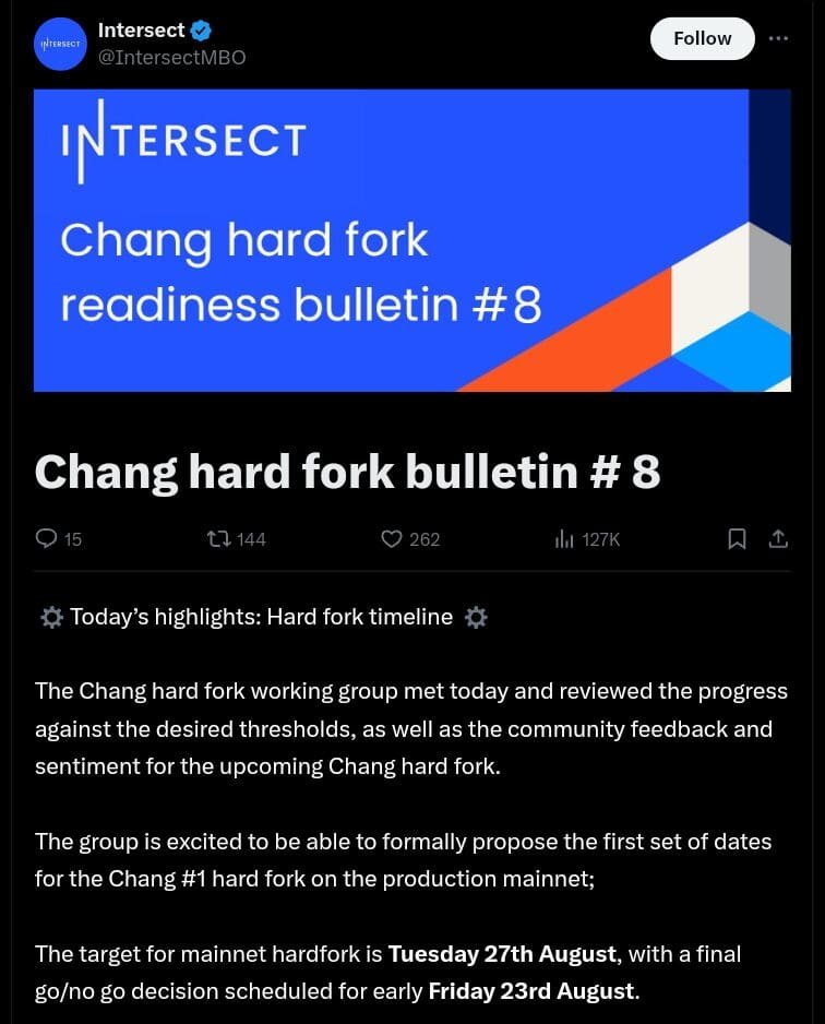 Cardano's Chang Hard Fork Set to Launch Next Week on August 27
