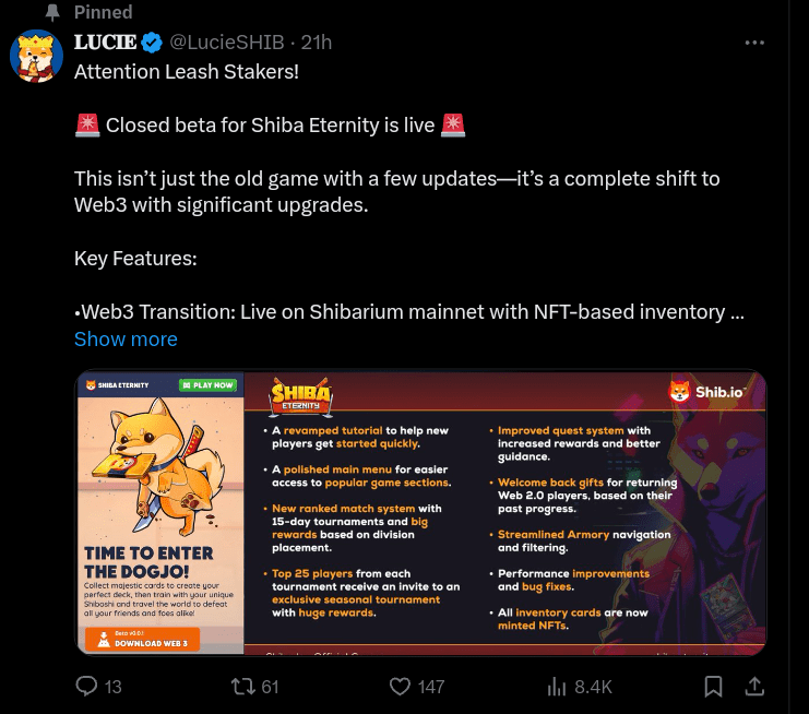 Shiba Inu (SHIB) Launches First Shibarium-Based Web3 Game “Shiba Eternity”
