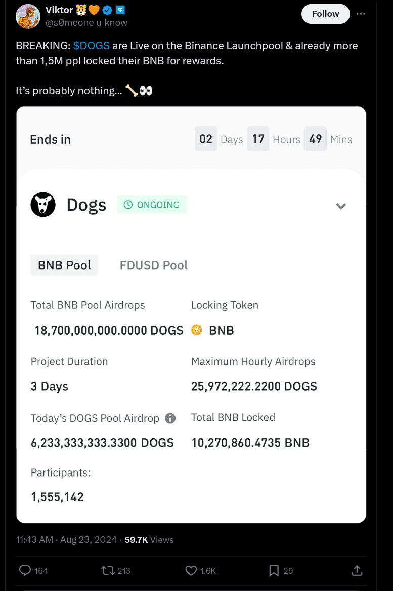 DOGS are Live on the Binance Launchpool Now