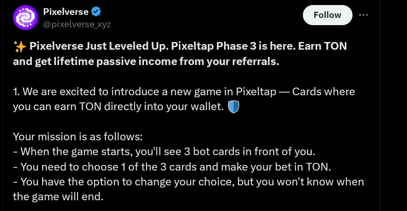 Pixeverse Enables TON Reward Feature on Its PixelTap Game