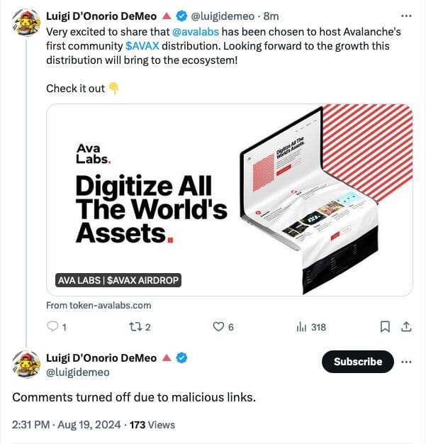 Fake AVAX Airdrop Promotion from Luigi D'Onorio DeMeo's Hacked X Account"
Source: Luigi D'Onorio DeMeo's X Account