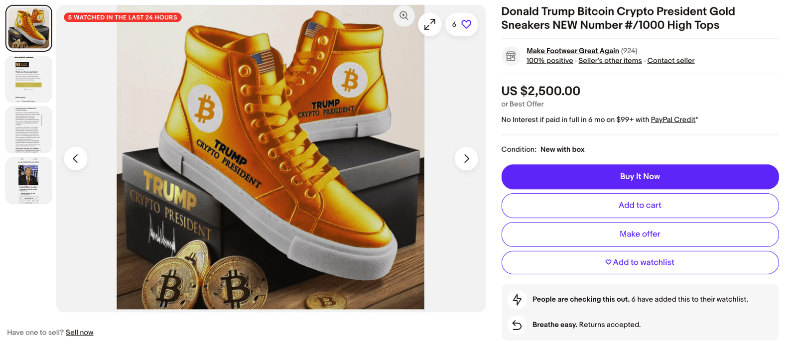 Trump’s Bitcoin sneakers are being listed on eBay for $2,500. Source: eBay