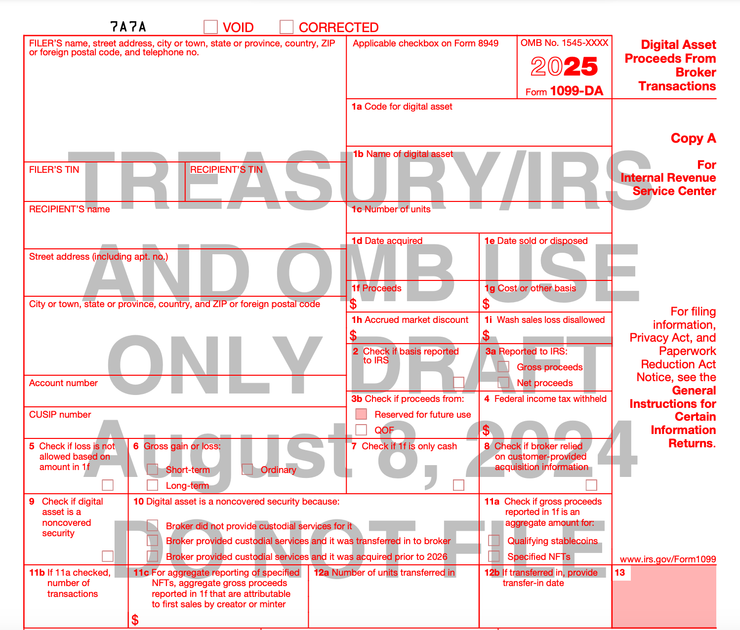 IRS Draft Form 1099-DA: 2025 Digital Asset Reporting"Source: IRS (Internal Revenue Service),