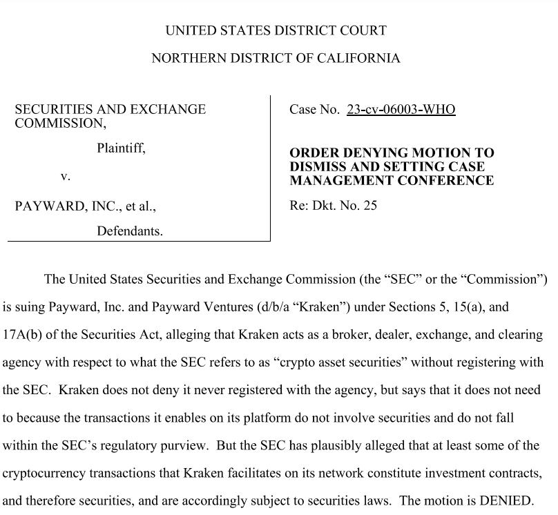 Kraken's motion denied - US District Court order