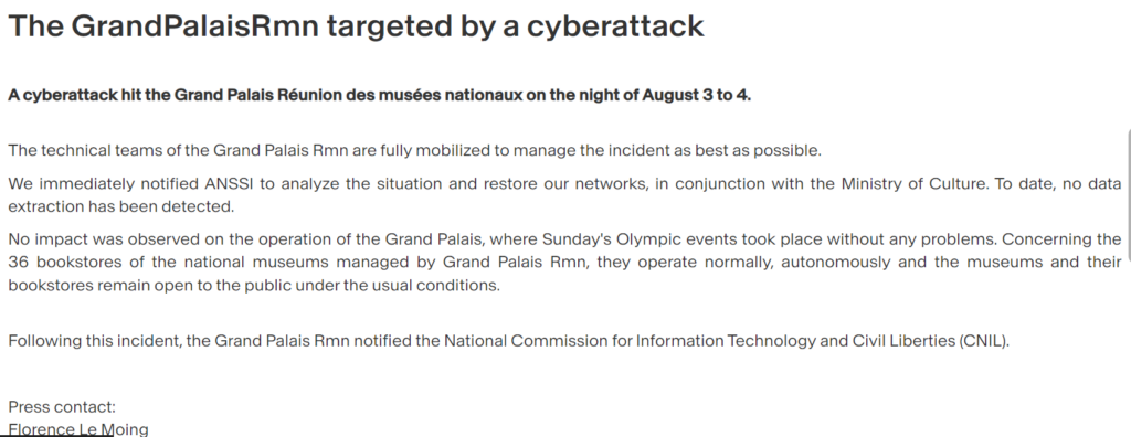 Grand Palais Museum Faces Cyber Ransom Threat Amid Olympic Preparations