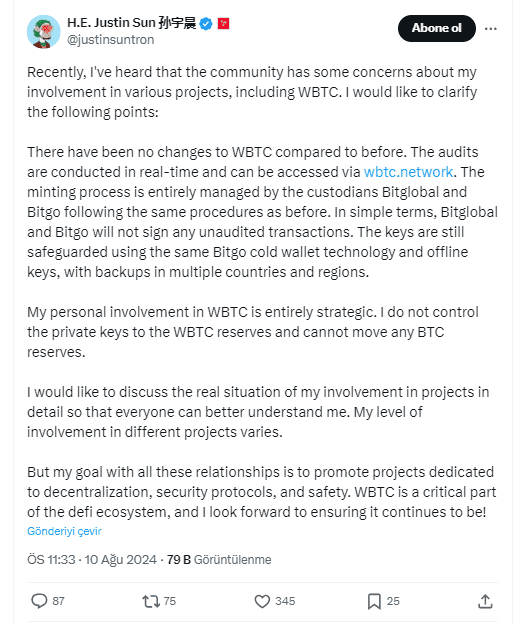 Justin Sun Clarifies WBTC Role and Involvement"
Source: Justin Sun 