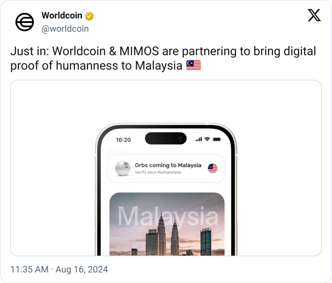 Worldcoin Expands to Malaysia with MIMOS Partnership"Source: Worldcoin