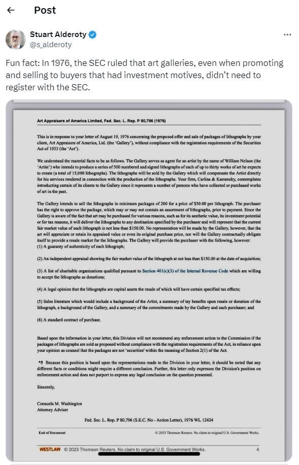 1976 SEC Ruling on Art Galleries vs. Investment Motives - Source: Stuart Alderoty