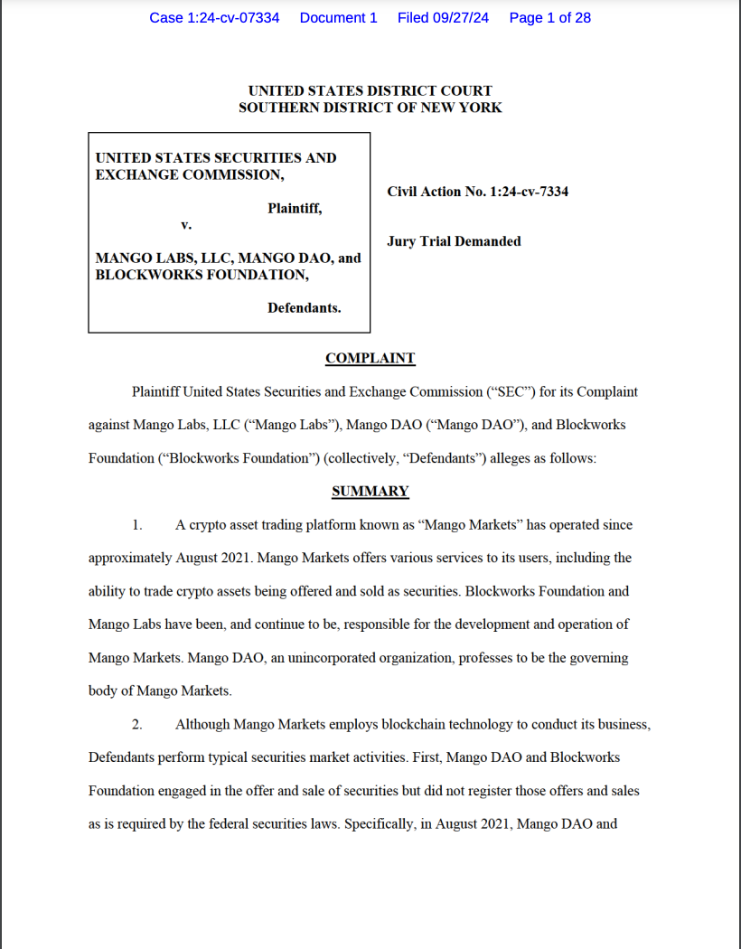 "SEC v. Mango Markets Complaint Document | Southern District of New York"