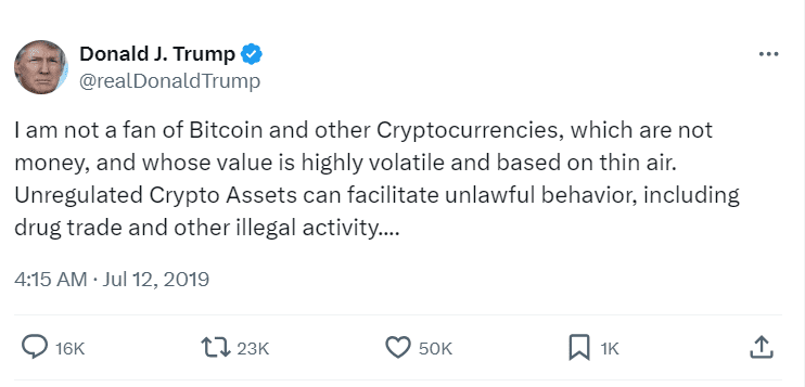 Trump’s Anti-Crypto Tweet. Source: @realDonaldTrump