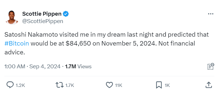 Scottie Pippen Bitcoin Dream Prediction | Source: @ScottiePippen