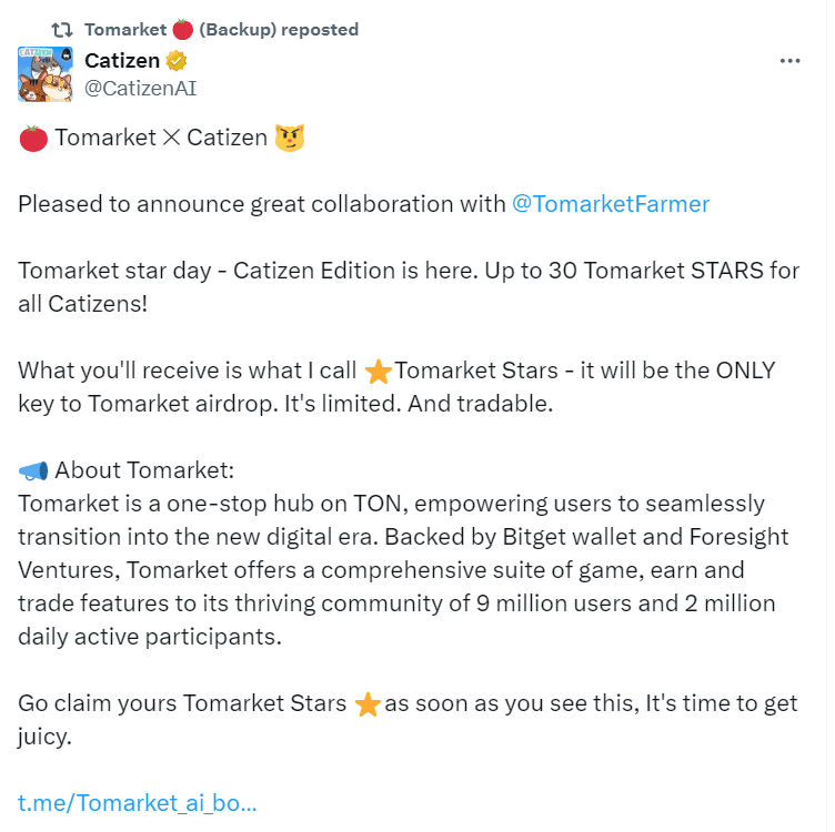 Tomarket Partners with Catizen for Exclusive Star Airdrop