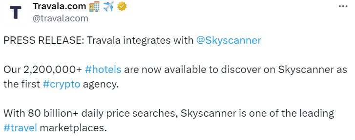Travala and Skyscanner Partnership Announcement – Source: Travala Travala and Skyscanner Partnership Announcement – Source: Travala