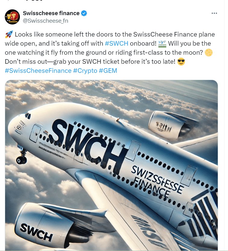 SwissCheese Finance SWCH Takes Off - Source: SwissCheese Finance Twitter