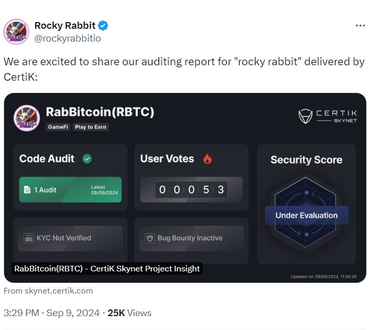 RabBitcoin ($RBTC) CertiK Audit Report - Source: Rocky Rabbit's Twitter