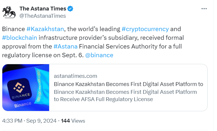 Binance Kazakhstan Receives Full Regulatory License - Source: @TheAstanaTimes