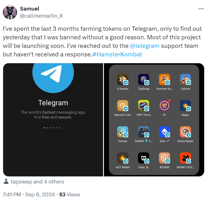 Hamster Kombat Ban Complaint – Source: @callmemartin_X