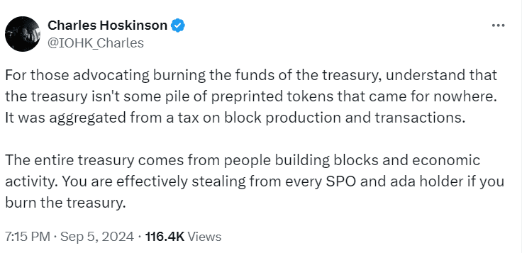 Charles Hoskinson on Treasury Burn - Source: Charles Hoskinson on X