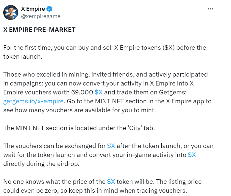 X Empire Pre-Market Launch Details - Source: @xempiregame
