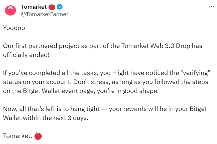 Tomarket 3.0 Drop Project Completed - Source: @TomarketFarmer