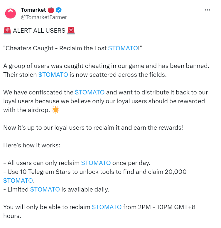 Tomarket Cheaters Caught - Reclaim $TOMATO Now! Source: @TomarketFarmer