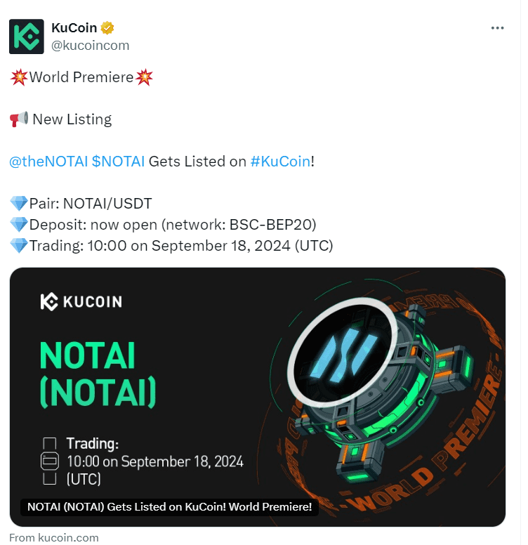NOTAI World Premiere on KuCoin - Source: KuCoin