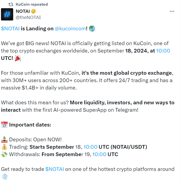 NOTAI Lands on KuCoin - Source: theNOTAI