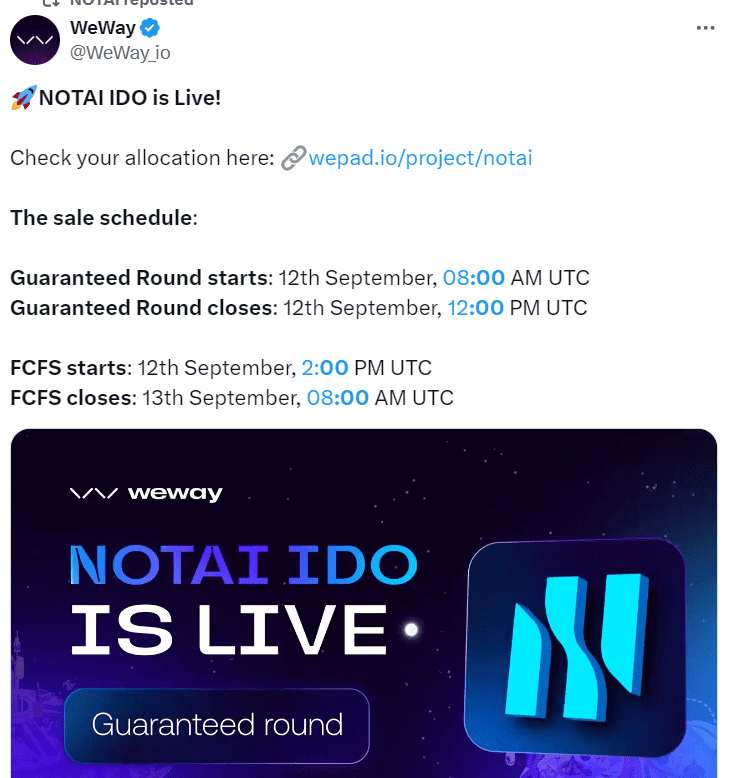 NOTAI IDO Live on WeWay - Source: WeWay.io
