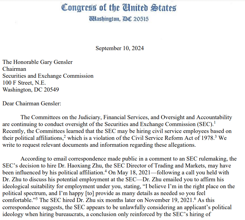 Congress Letter to Gary Gensler - Source: Screenshot 2024