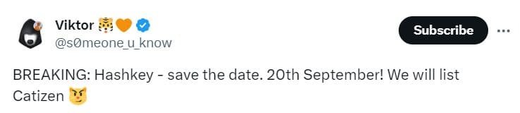 HashKey to List Catizen on September 20th