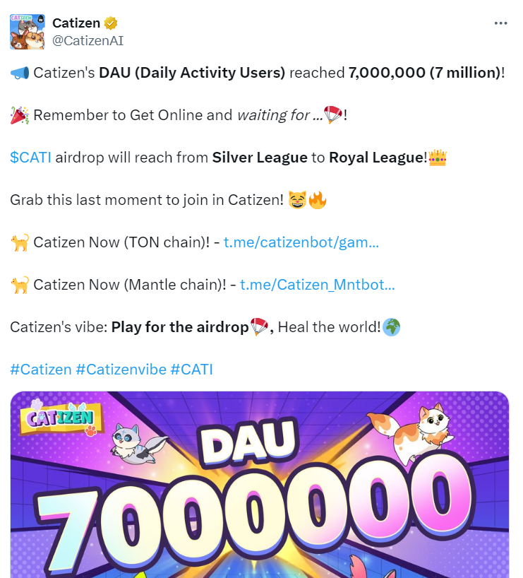 Catizen Reaches 7 Million DAUs with Exciting Airdrop
Source: CatizenAI
