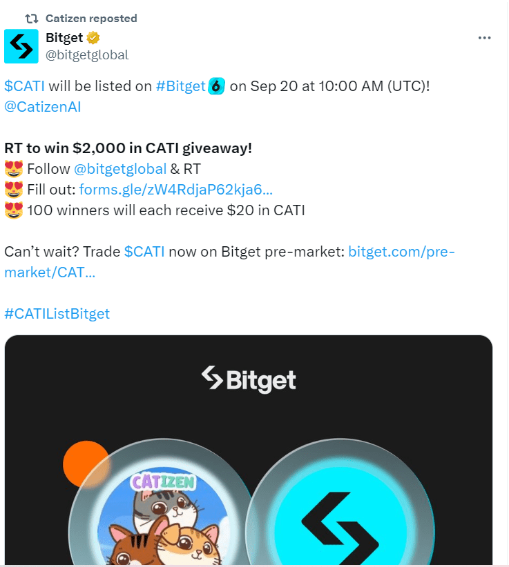Catizen Listed on Bitget with $2,000 Giveaway
Source: Bitget