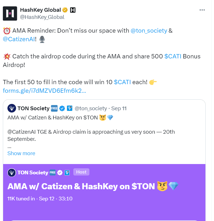 Catizen and HashKey AMA: $CATI Airdrop on TON
Source: HashKey Global