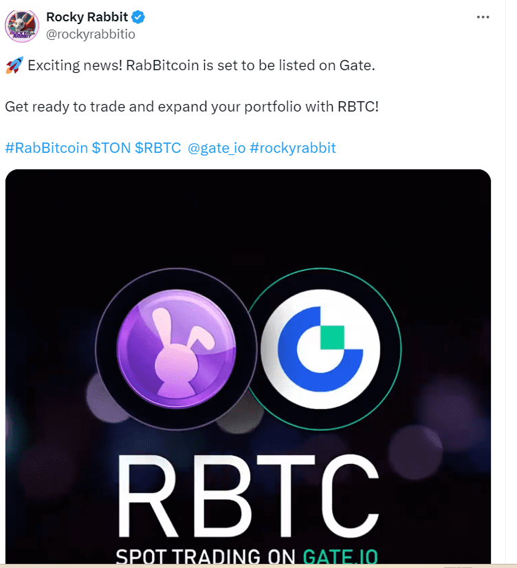 RBTC Listing Announcement on Gate.io - Source: Rocky Rabbit"