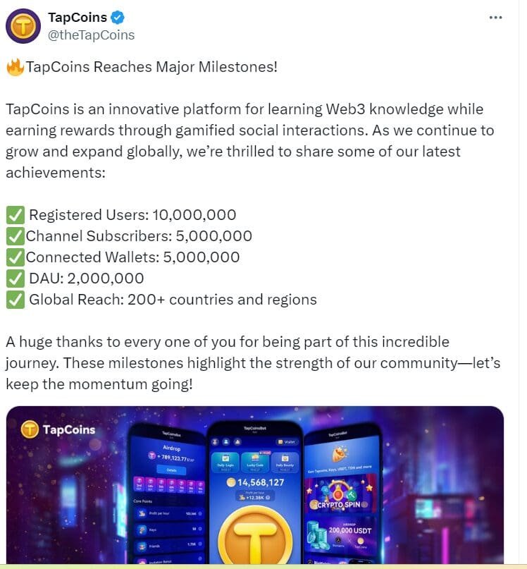TapCoins Major Milestones – Source: TapCoins