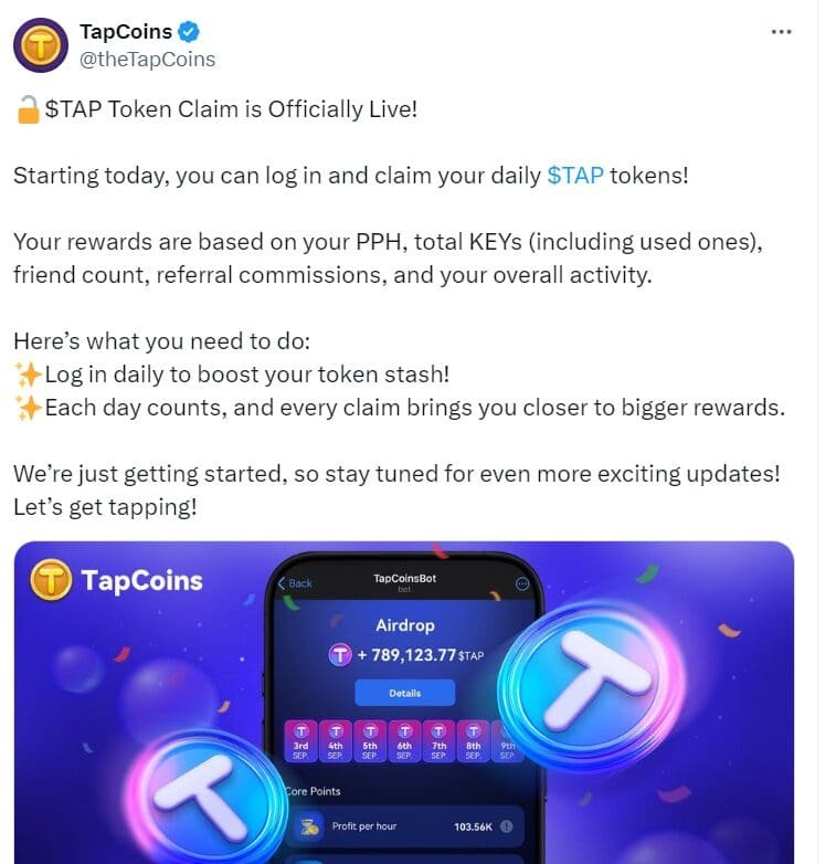 $TAP Token Claim Live – Source: TapCoins