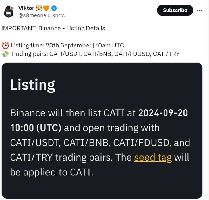 Binance CATI Token Listing Announcement | Source: Viktor