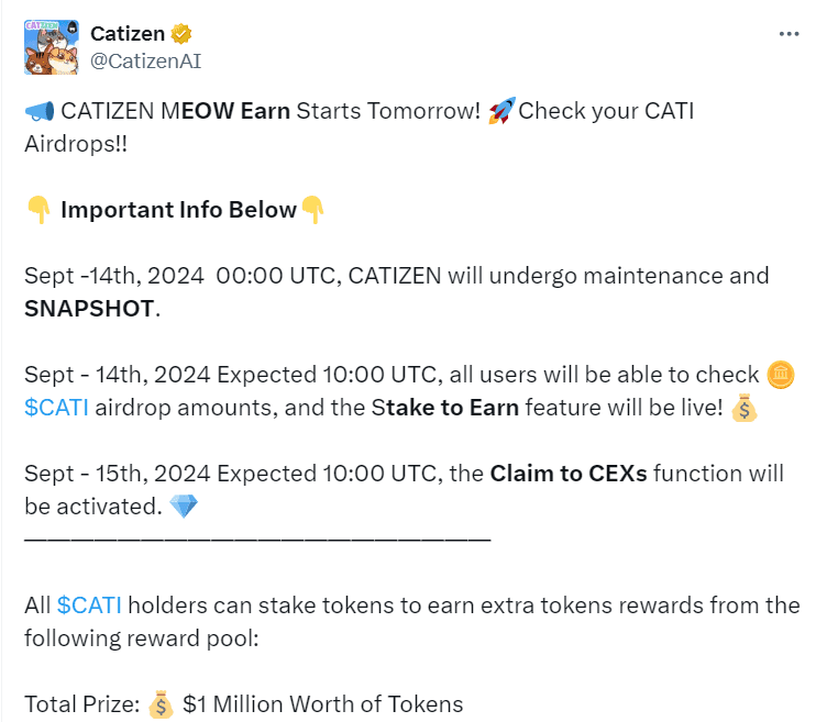 CATI Airdrop and Staking Rewards Announcement | Source: CatizenAI