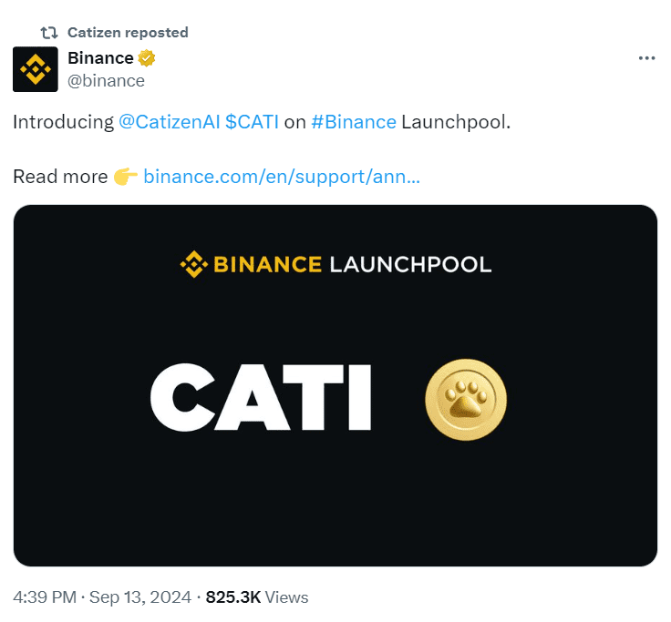  Binance Launchpool Introduces CATI Token | Source: Binance
