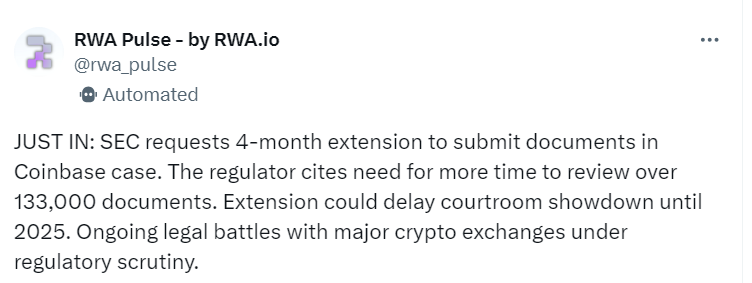 SEC Delay on Coinbase Documents - RWA PulseSource: RWA.io