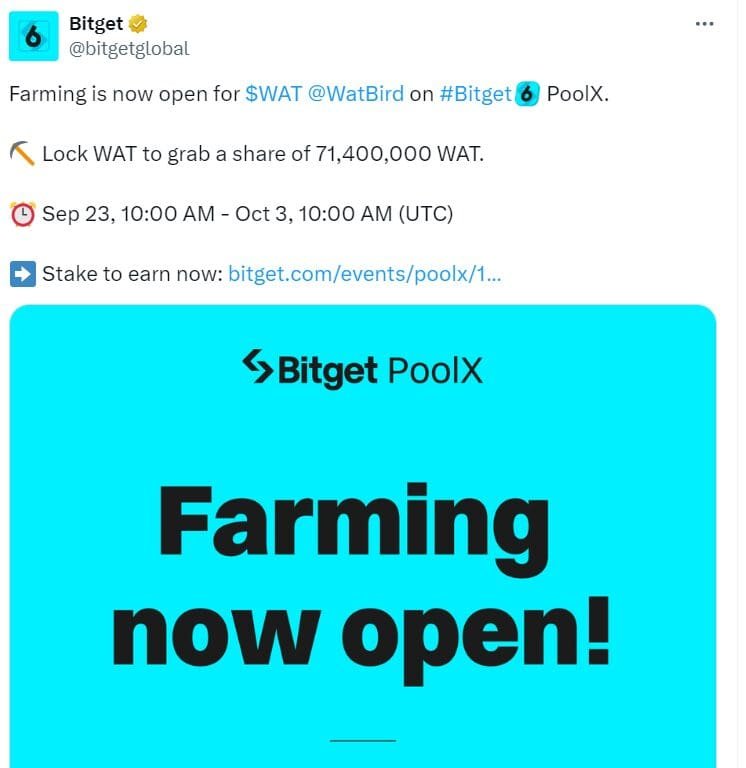 WATCoin Farming Event on Bitget PoolX | Source: Bitget