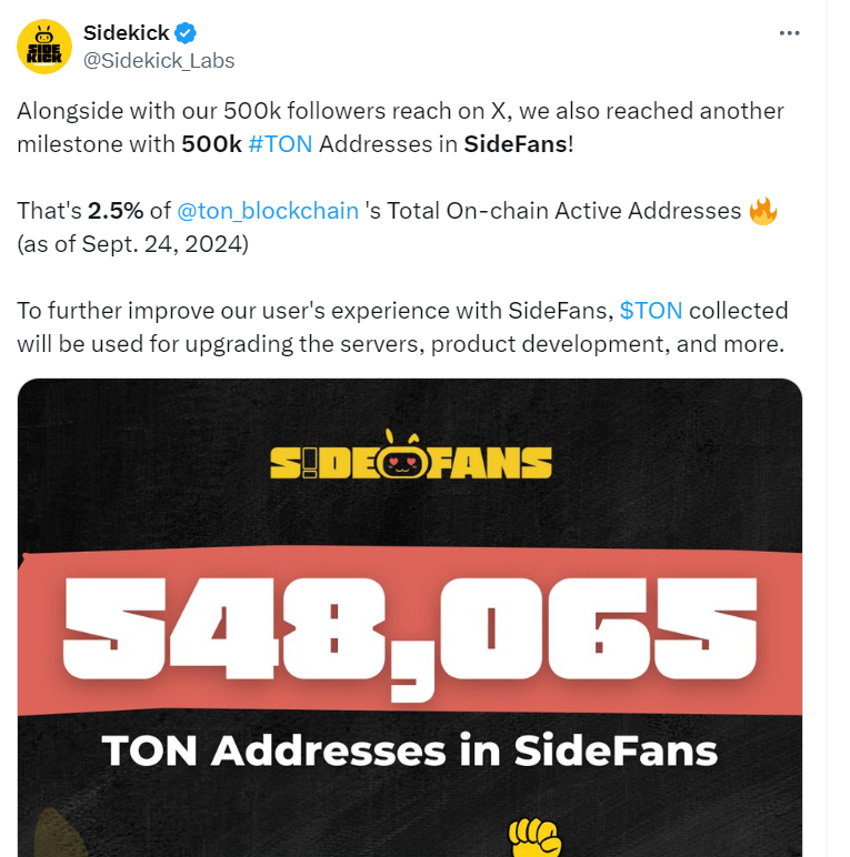 Sidekick Milestone: 500k TON Addresses in SideFans | Sidekick Labs